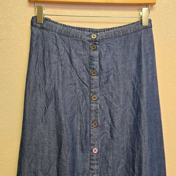 Chambray Cottagecore Boho Country Button-Down Denim Maxi Skirt Ruffle Hem L - Picture 3 of 11